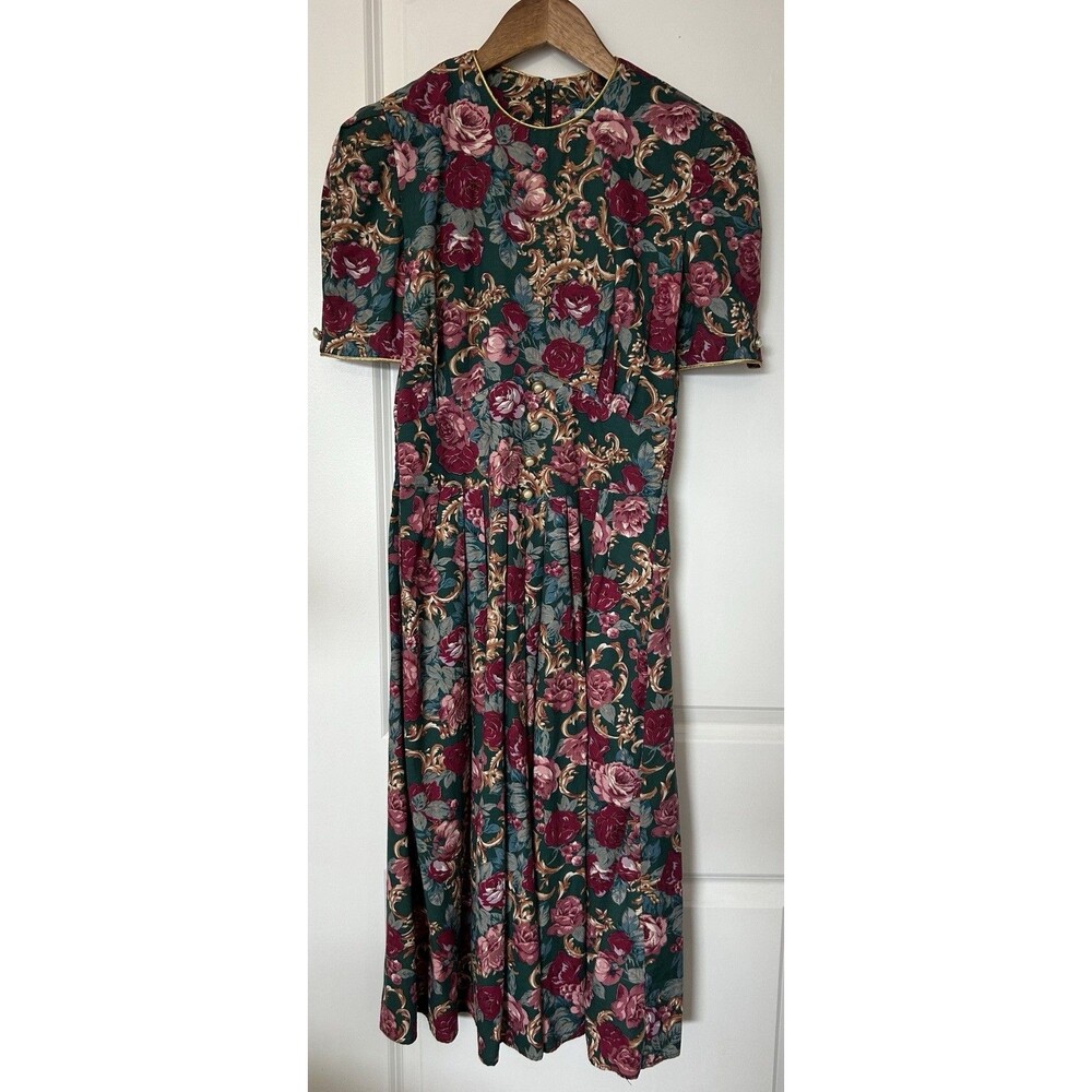 Vintage Romantic Floral Midi Dress Size 6 Green Roses Pearl Buttons 80s Bold - Picture 2 of 14